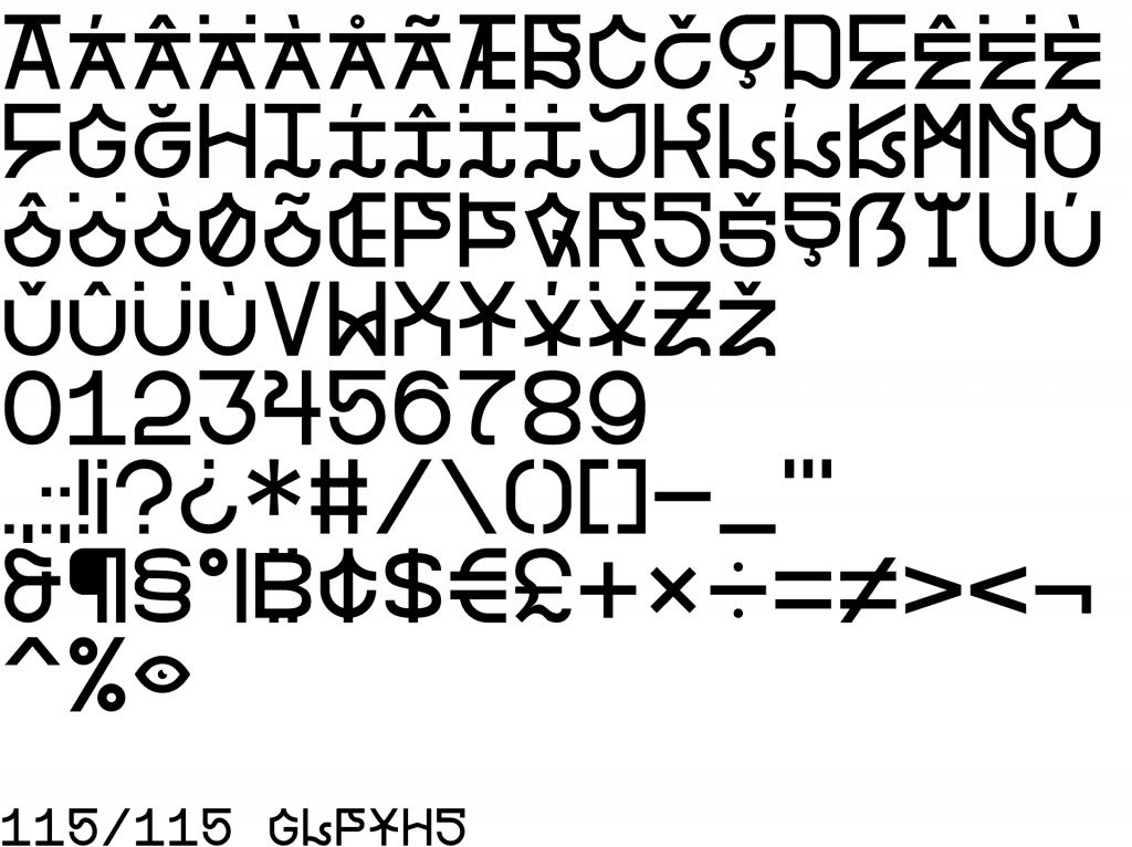 Vollständiger Zeichensatz der Paradox: 115 Glyphen mit Akzenten, Ziffern und Sonderzeichen